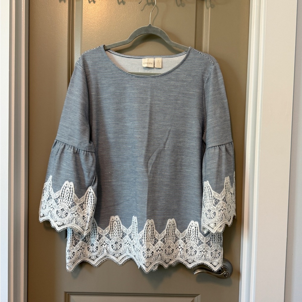 Chico's Navy/White Boxy 3/4 Sleeve Embellished Knit Top